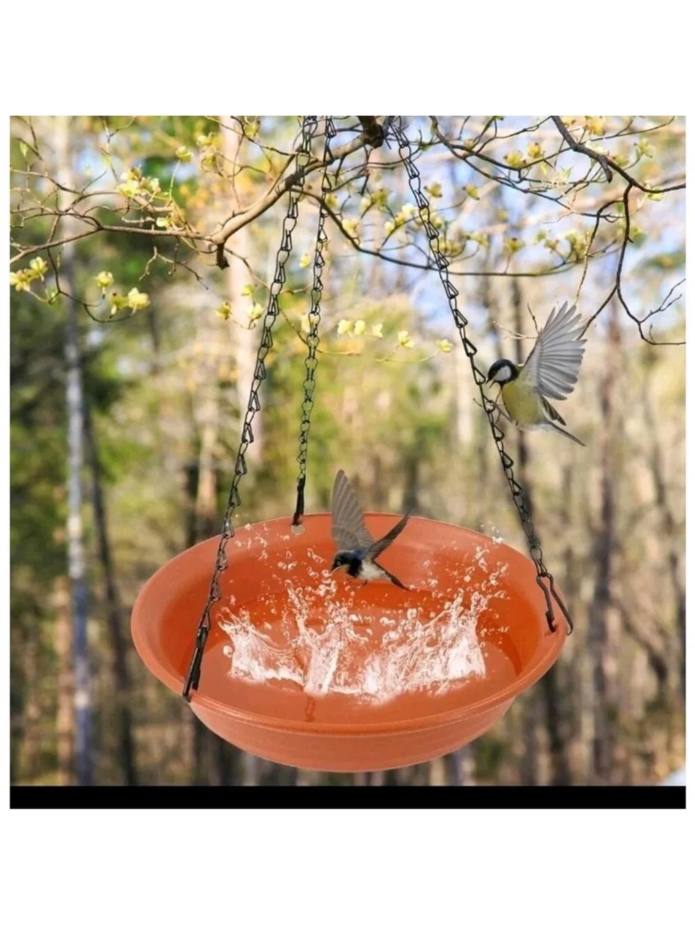 Hanging Terracotta look bird bath or FEEDER plastic bowl with black chains
